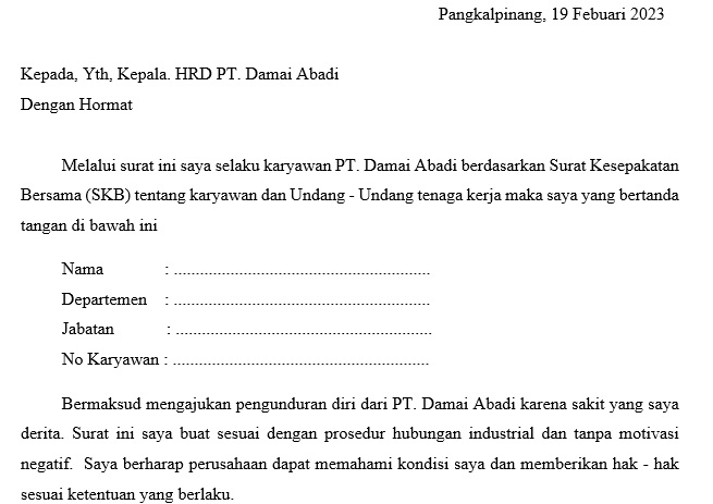 contoh surat pengunduran diri kerja