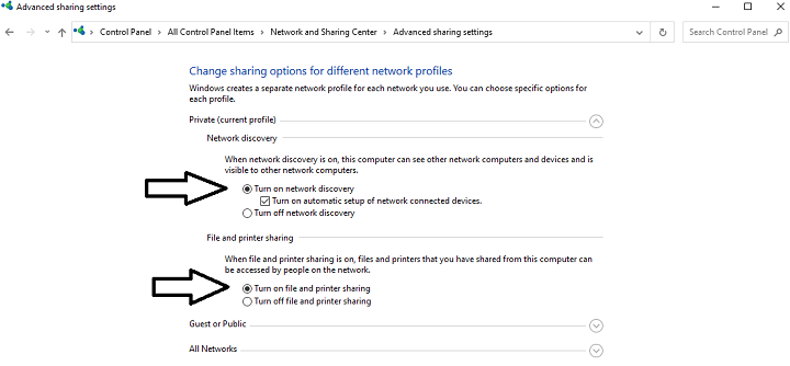 turn on file and printer sharing