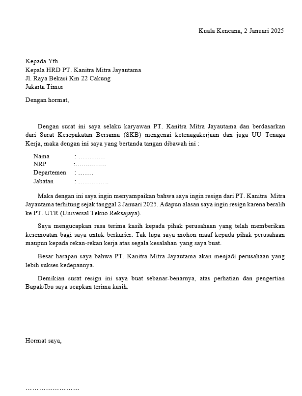 surat resign kerja karena mendapat pekerjaan baru