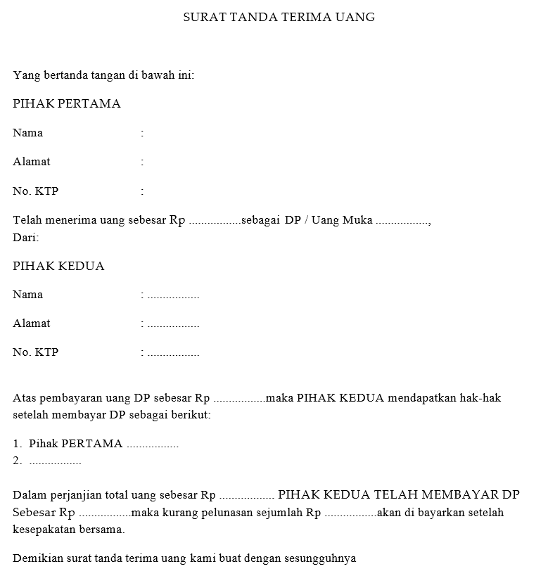 tanda terima uang DP